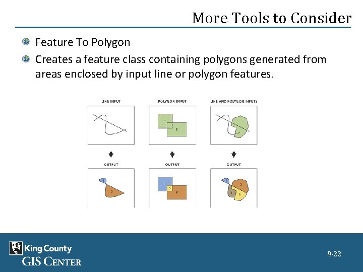 More Tools to Consider Feature To Polygon Creates a feature class containing polygons generated