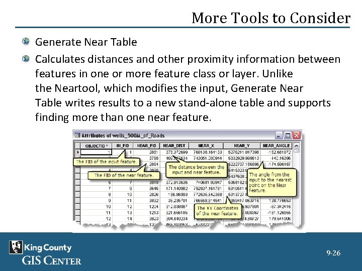 More Tools to Consider Generate Near Table Calculates distances and other proximity information between