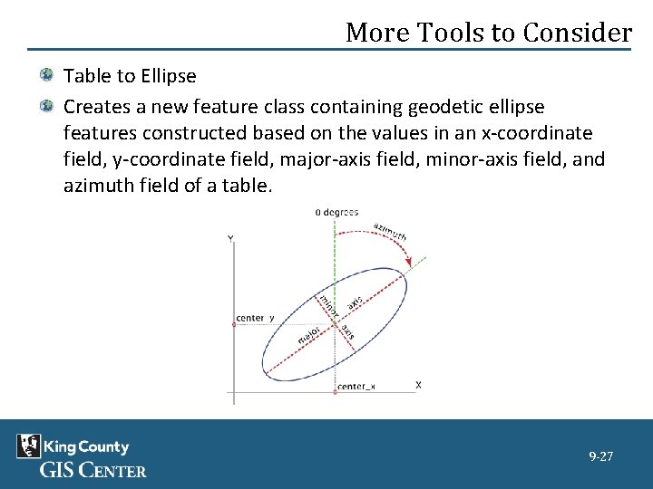 More Tools to Consider Table to Ellipse Creates a new feature class containing geodetic