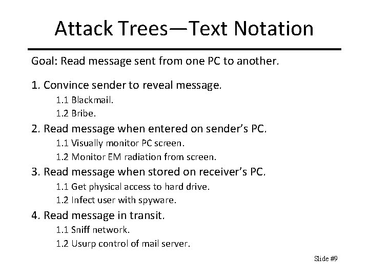 Attack Trees—Text Notation Goal: Read message sent from one PC to another. 1. Convince