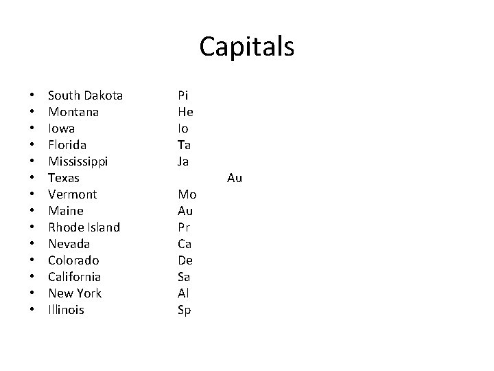 Capitals • • • • South Dakota Montana Iowa Florida Mississippi Texas Vermont Maine