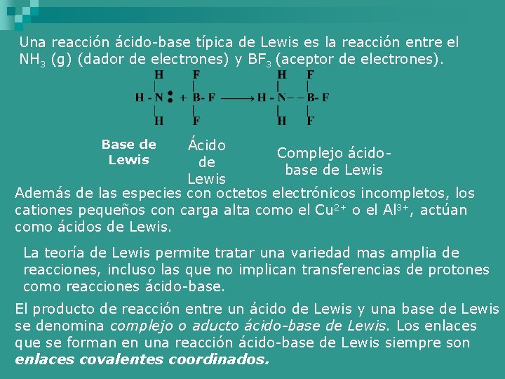 Una reacción ácido-base típica de Lewis es la reacción entre el NH 3 (g)