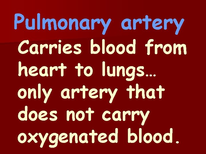 Pulmonary artery Carries blood from heart to lungs… only artery that does not carry