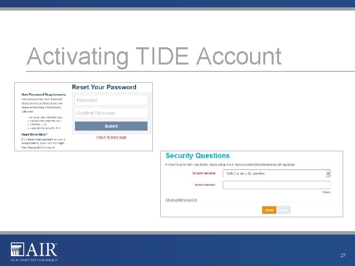 Activating TIDE Account 27 