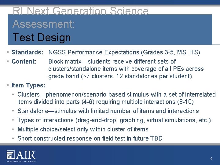RI Next Generation Science Assessment: Test Design § Standards: NGSS Performance Expectations (Grades 3