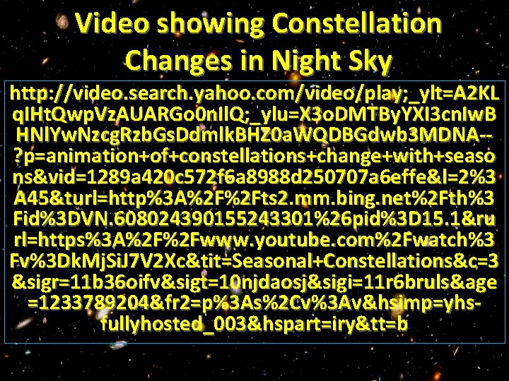 Video showing Constellation Changes in Night Sky http: //video. search. yahoo. com/video/play; _ylt=A 2