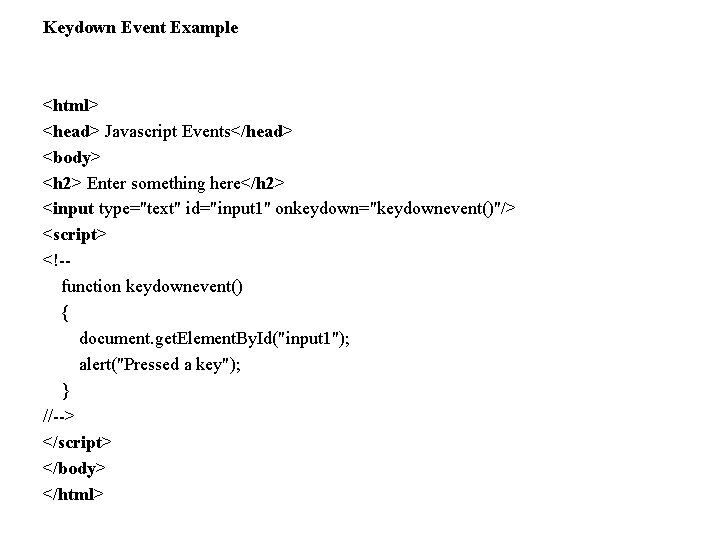 Keydown Event Example <html> <head> Javascript Events</head> <body> <h 2> Enter something here</h 2>