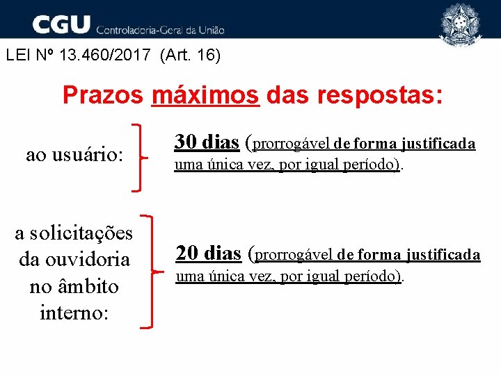 LEI Nº 13. 460/2017 (Art. 16) Prazos máximos das respostas: ao usuário: a solicitações