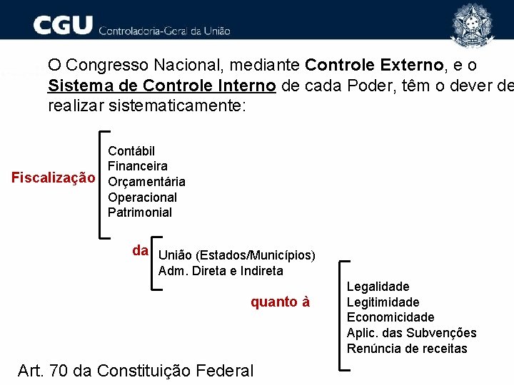 O Congresso Nacional, mediante Controle Externo, e o Sistema de Controle Interno de cada