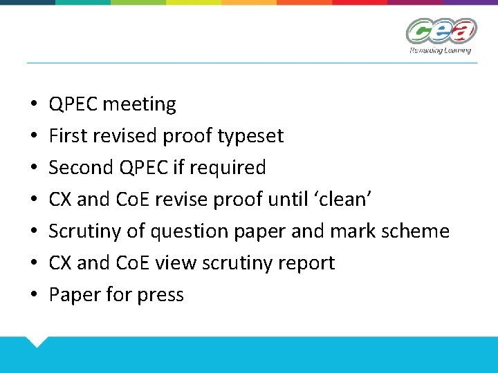  • • QPEC meeting First revised proof typeset Second QPEC if required CX
