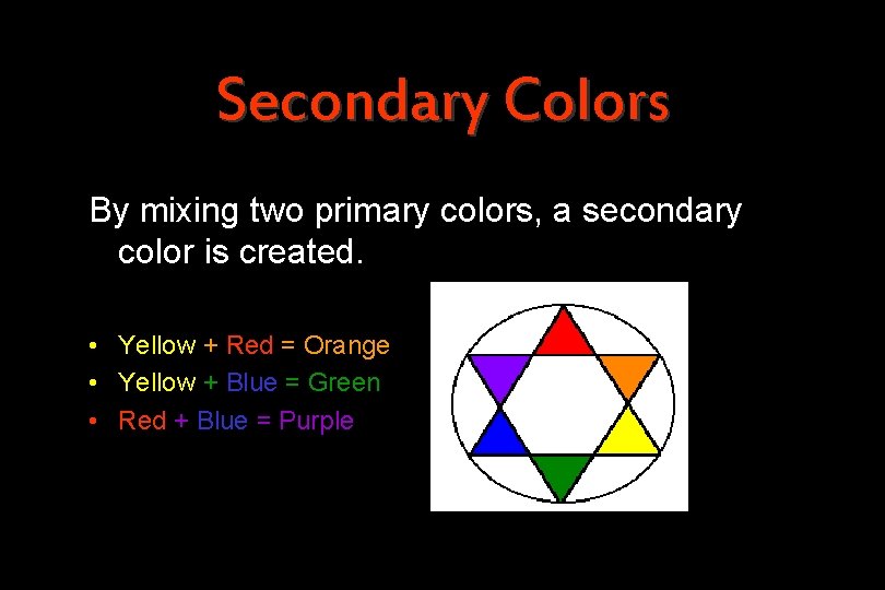 Secondary Colors By mixing two primary colors, a secondary color is created. • Yellow