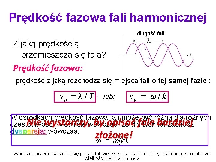 Prędkość fazowa fali harmonicznej długość fali Z jaką prędkością przemieszcza się fala? Prędkość fazowa: