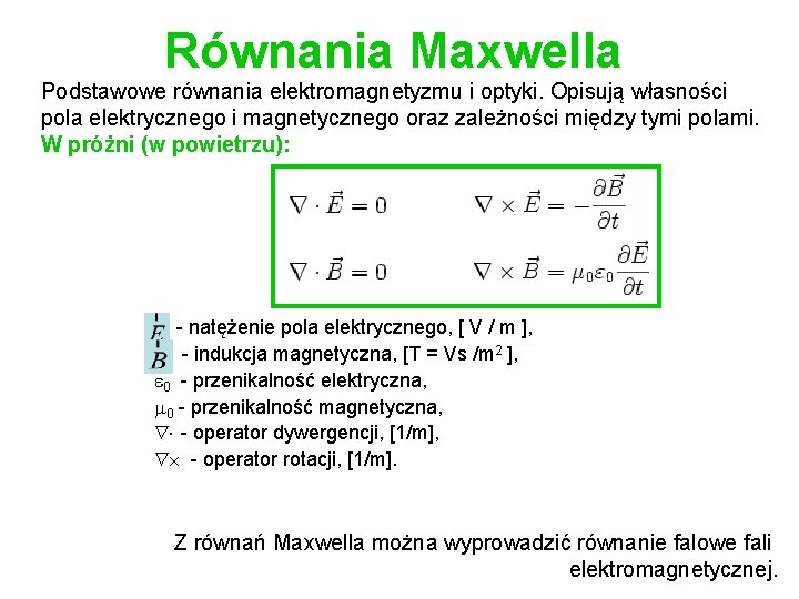 Równania Maxwella Podstawowe równania elektromagnetyzmu i optyki. Opisują własności pola elektrycznego i magnetycznego oraz