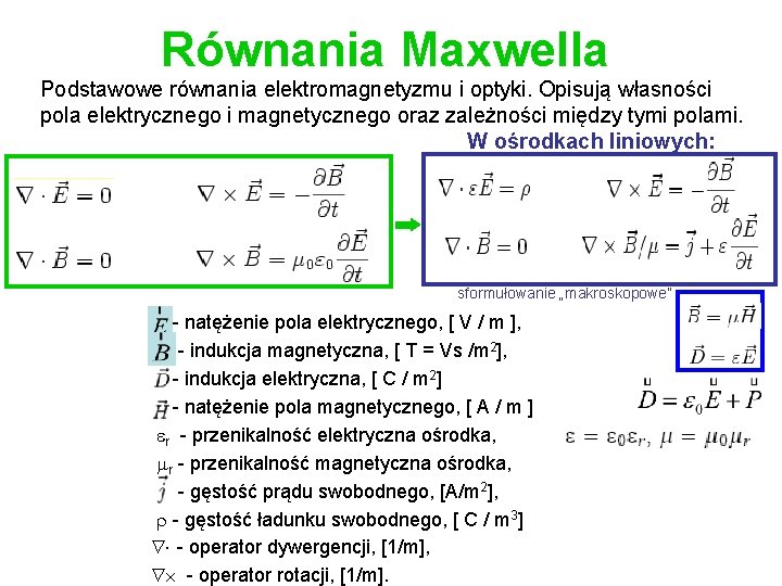 Równania Maxwella Podstawowe równania elektromagnetyzmu i optyki. Opisują własności pola elektrycznego i magnetycznego oraz