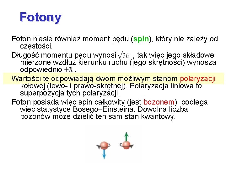 Fotony Foton niesie również moment pędu (spin), który nie zależy od częstości. Długość momentu