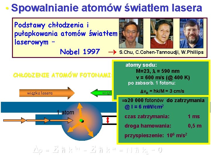  • Spowalnianie atomów światłem lasera Podstawy chłodzenia i pułapkowania atomów światłem laserowym –