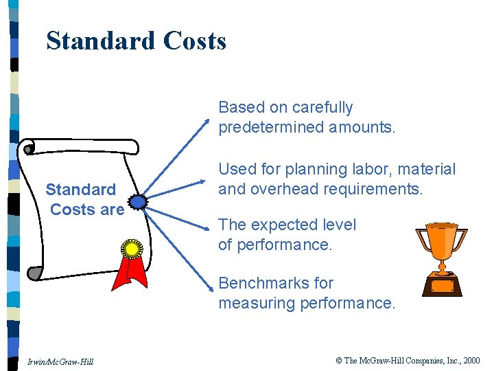 Standard Costs Based on carefully predetermined amounts. Standard Costs are Used for planning labor,