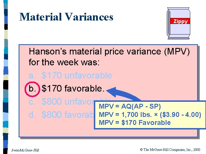 Material Variances Zippy Hanson’s material price variance (MPV) for the week was: a. $170