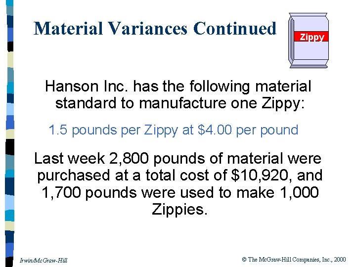 Material Variances Continued Zippy Hanson Inc. has the following material standard to manufacture one