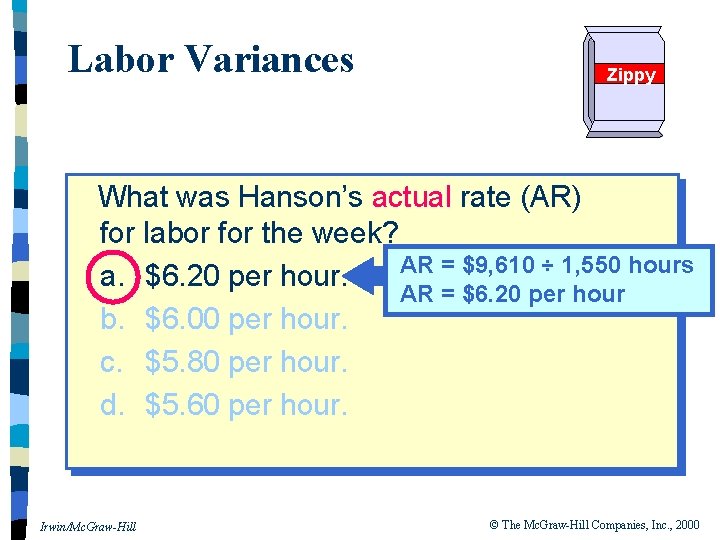Labor Variances Zippy What was Hanson’s actual rate (AR) for labor for the week?