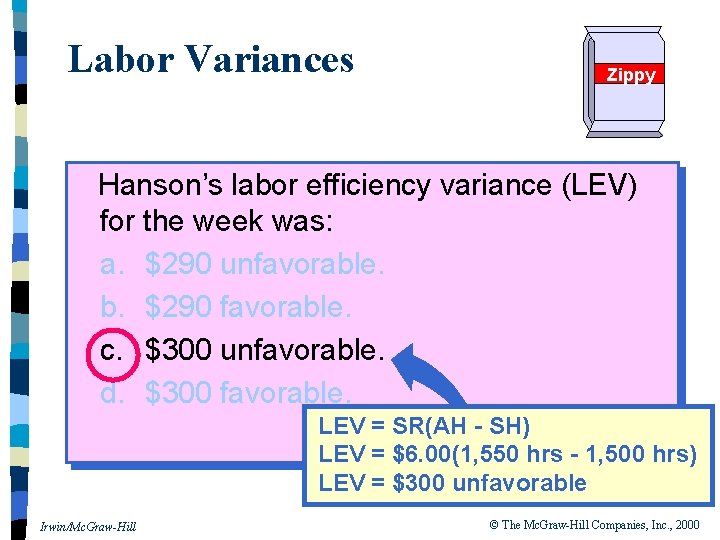 Labor Variances Zippy Hanson’s labor efficiency variance (LEV) for the week was: a. $290