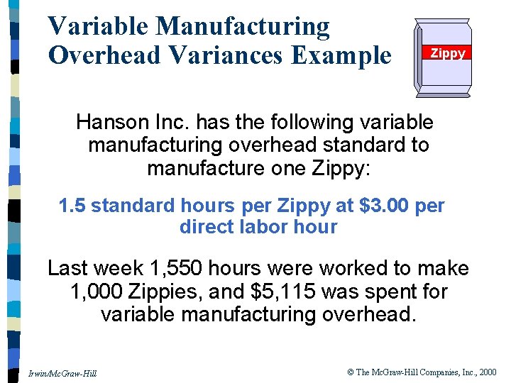Variable Manufacturing Overhead Variances Example Zippy Hanson Inc. has the following variable manufacturing overhead