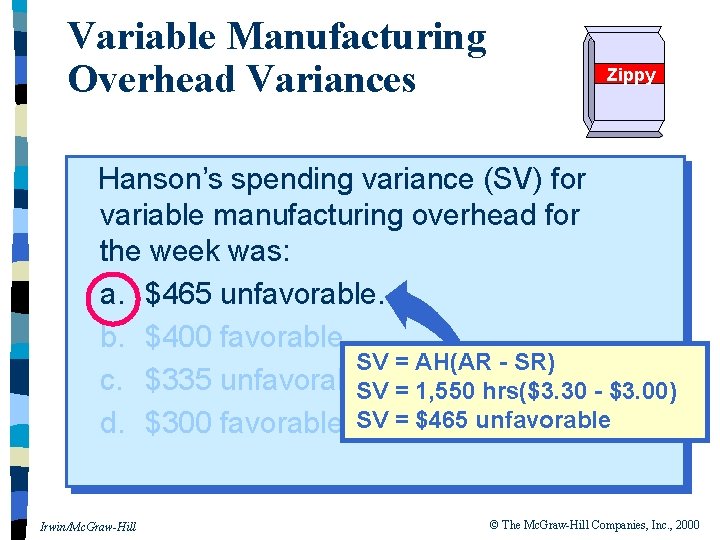 Variable Manufacturing Overhead Variances Zippy Hanson’s spending variance (SV) for variable manufacturing overhead for