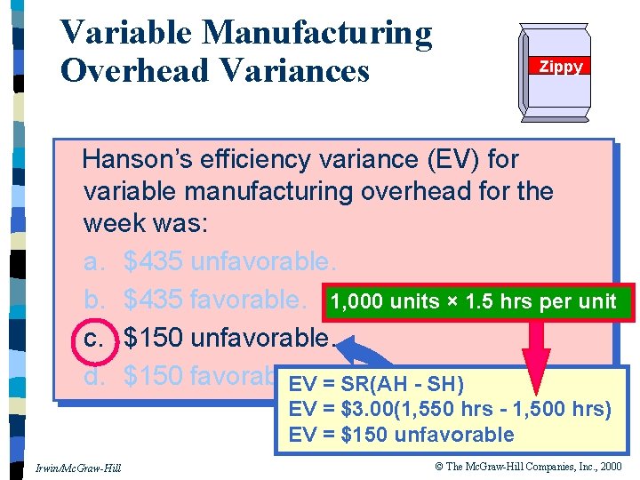 Variable Manufacturing Overhead Variances Zippy Hanson’s efficiency variance (EV) for variable manufacturing overhead for