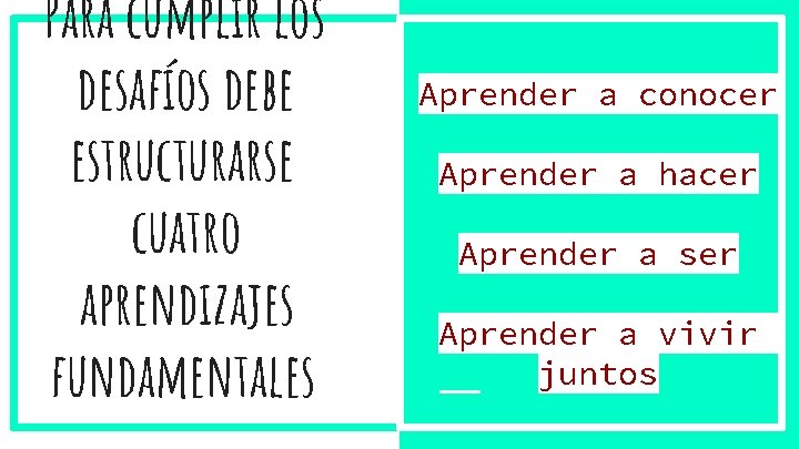 Para cumplir los desafíos debe estructurarse cuatro aprendizajes fundamentales Aprender a conocer Aprender a