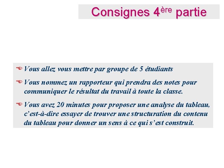Consignes 4ère partie E Vous allez vous mettre par groupe de 5 étudiants E Consignes 4ère partie E Vous allez vous mettre par groupe de 5 étudiants E