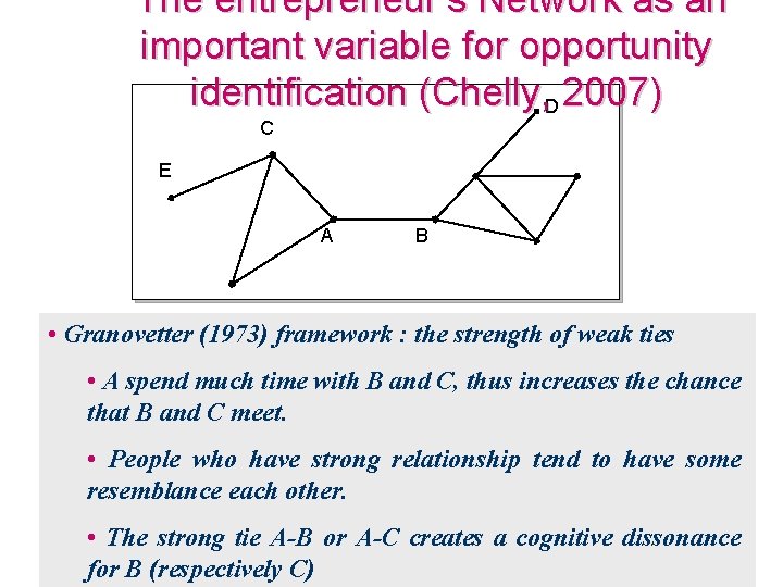 The entrepreneur’s Network as an important variable for opportunity identification (Chelly, 2007) D The entrepreneur’s Network as an important variable for opportunity identification (Chelly, 2007) D