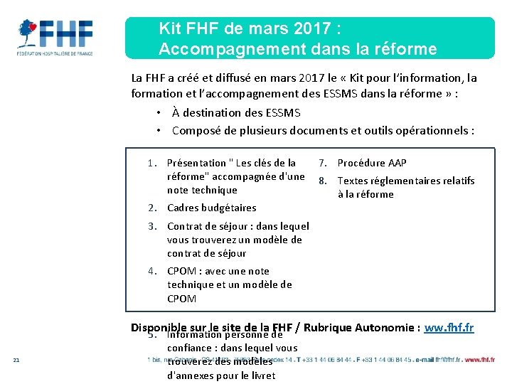 Kit FHF de mars 2017 : Accompagnement dans la réforme La FHF a créé