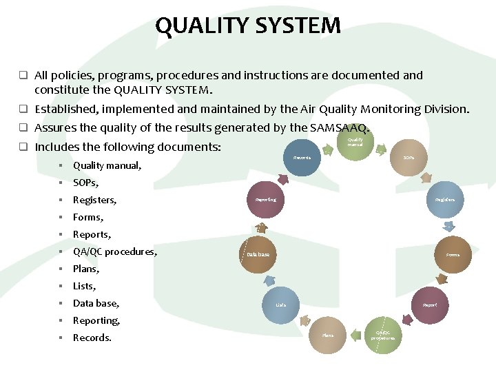 QUALITY SYSTEM q All policies, programs, procedures and instructions are documented and constitute the