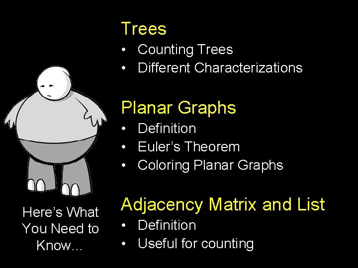 Trees • Counting Trees • Different Characterizations Planar Graphs • Definition • Euler’s Theorem