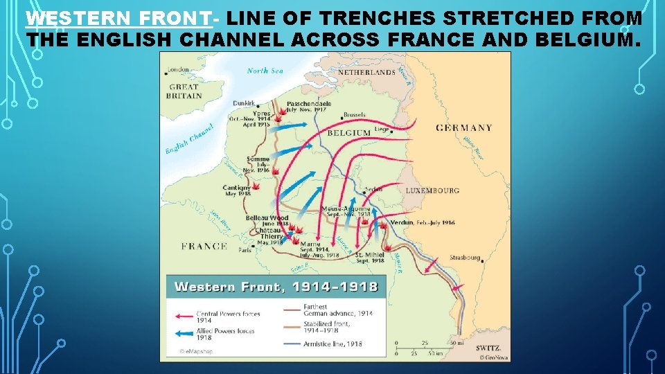 WESTERN FRONT- LINE OF TRENCHES STRETCHED FROM THE ENGLISH CHANNEL ACROSS FRANCE AND BELGIUM.