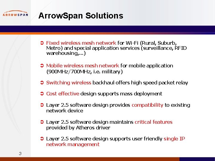 Arrow. Span Solutions Ü Fixed wireless mesh network for Wi-Fi (Rural, Suburb, Metro) and