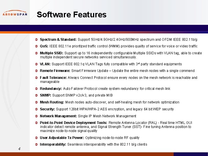 Software Features Ü Spectrum & Standard: Support 5 GHz/4. 9 GHz/2. 4 GHz/900 MHz