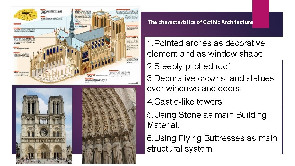The characteristics of Gothic Architecture 1. Pointed arches as decorative element and as window