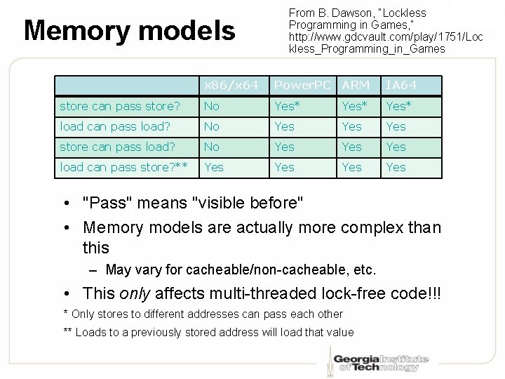 Memory models From B. Dawson, “Lockless Programming in Games, ” http: //www. gdcvault. com/play/1751/Loc