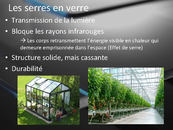 Les serres en verre • Transmission de la lumière • Bloque les rayons infrarouges