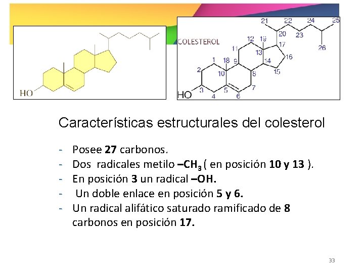 Características estructurales del colesterol - Posee 27 carbonos. Dos radicales metilo –CH 3 (