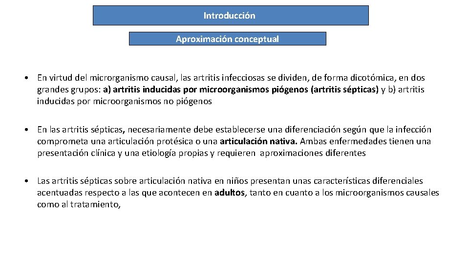 Introducción Aproximación conceptual • En virtud del microrganismo causal, las artritis infecciosas se dividen,