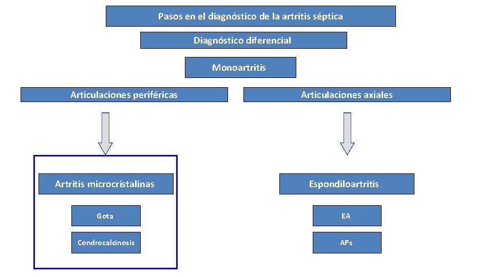 Pasos en el diagnóstico de la artritis séptica Diagnóstico diferencial Monoartritis Articulaciones periféricas Articulaciones