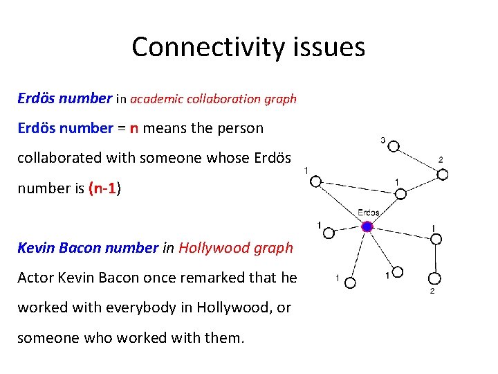Connectivity issues Erdös number in academic collaboration graph Erdös number = n means the