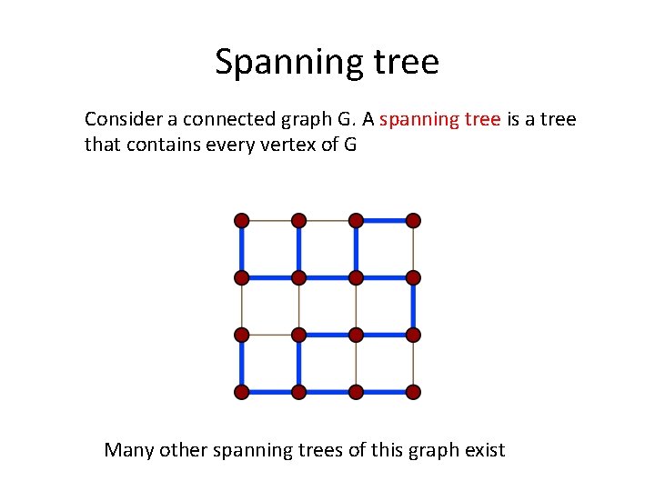 Spanning tree Consider a connected graph G. A spanning tree is a tree that