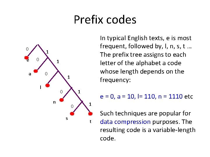 Prefix codes 0 e In typical English texts, e is most frequent, followed by,