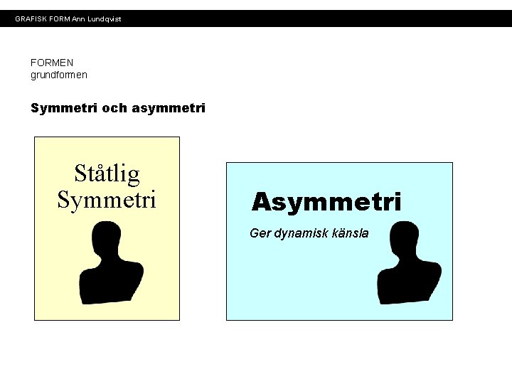 GRAFISK FORM Ann Lundqvist FORMEN grundformen Symmetri och asymmetri Ståtlig Symmetri Asymmetri Ger dynamisk