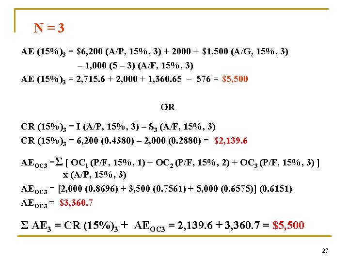N = 3 AE (15%)3 = $6, 200 (A/P, 15%, 3) + 2000 +
