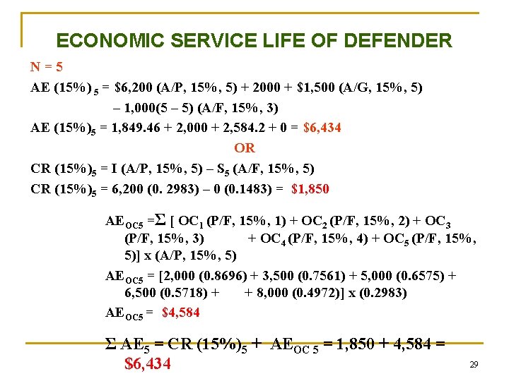 ECONOMIC SERVICE LIFE OF DEFENDER N = 5 AE (15%) 5 = $6, 200