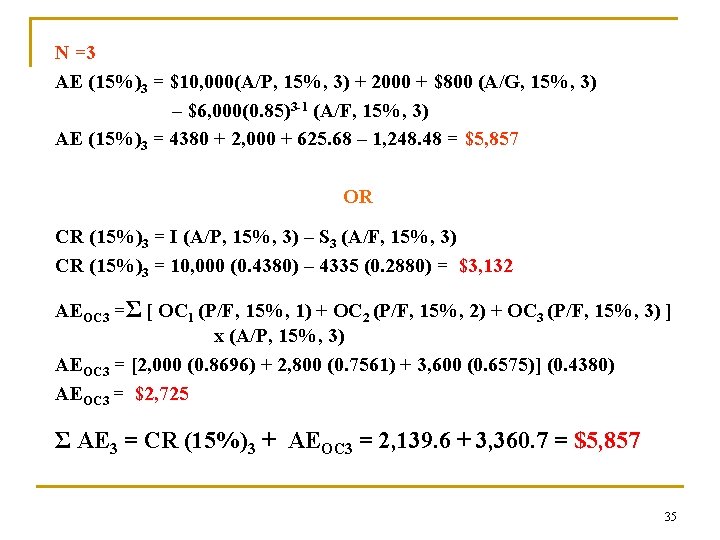 N =3 AE (15%)3 = $10, 000(A/P, 15%, 3) + 2000 + $800 (A/G,